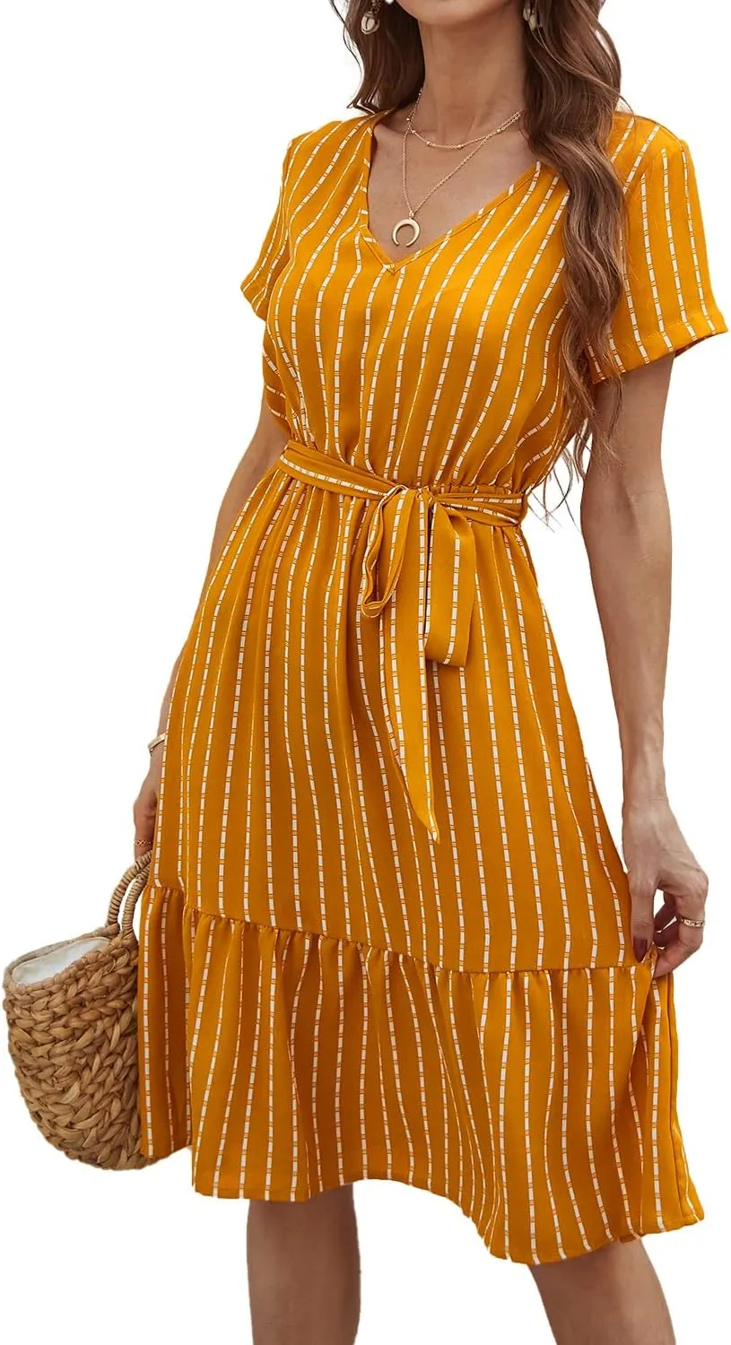 BROVAVE Women's Summer Short Sleeve V-Neck Striped Dress Tie Waist Casual Work Office Midi Dress