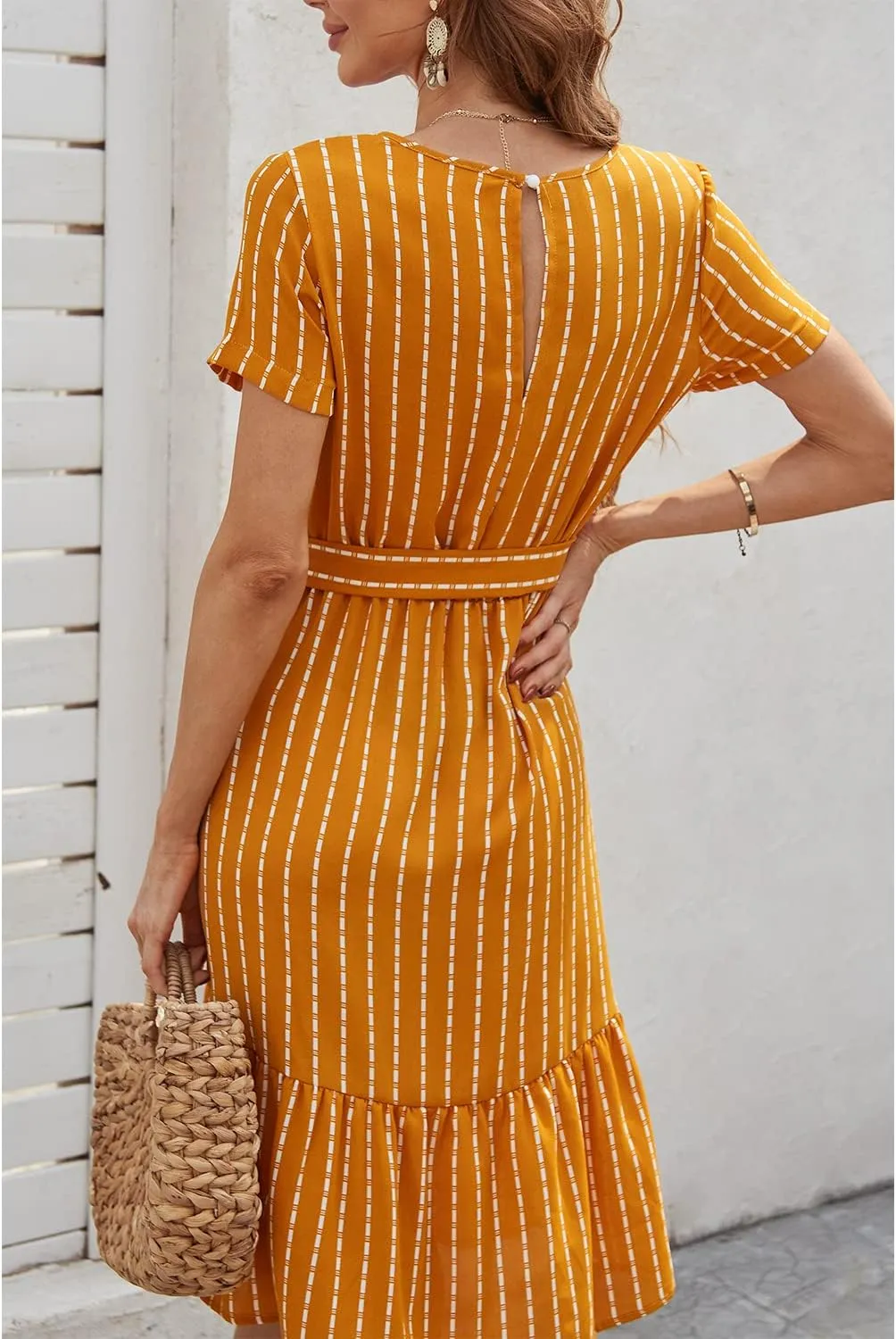 BROVAVE Women's Summer Short Sleeve V-Neck Striped Dress Tie Waist Casual Work Office Midi Dress