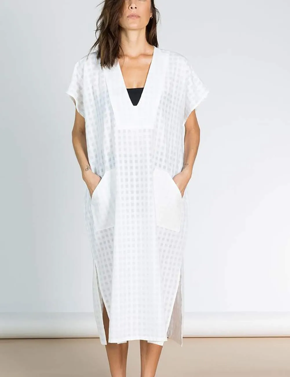Bsubseach Women Plaid Swimsuit Cover Up V Neck Kaftan Dresses Caftan Maxi Dress