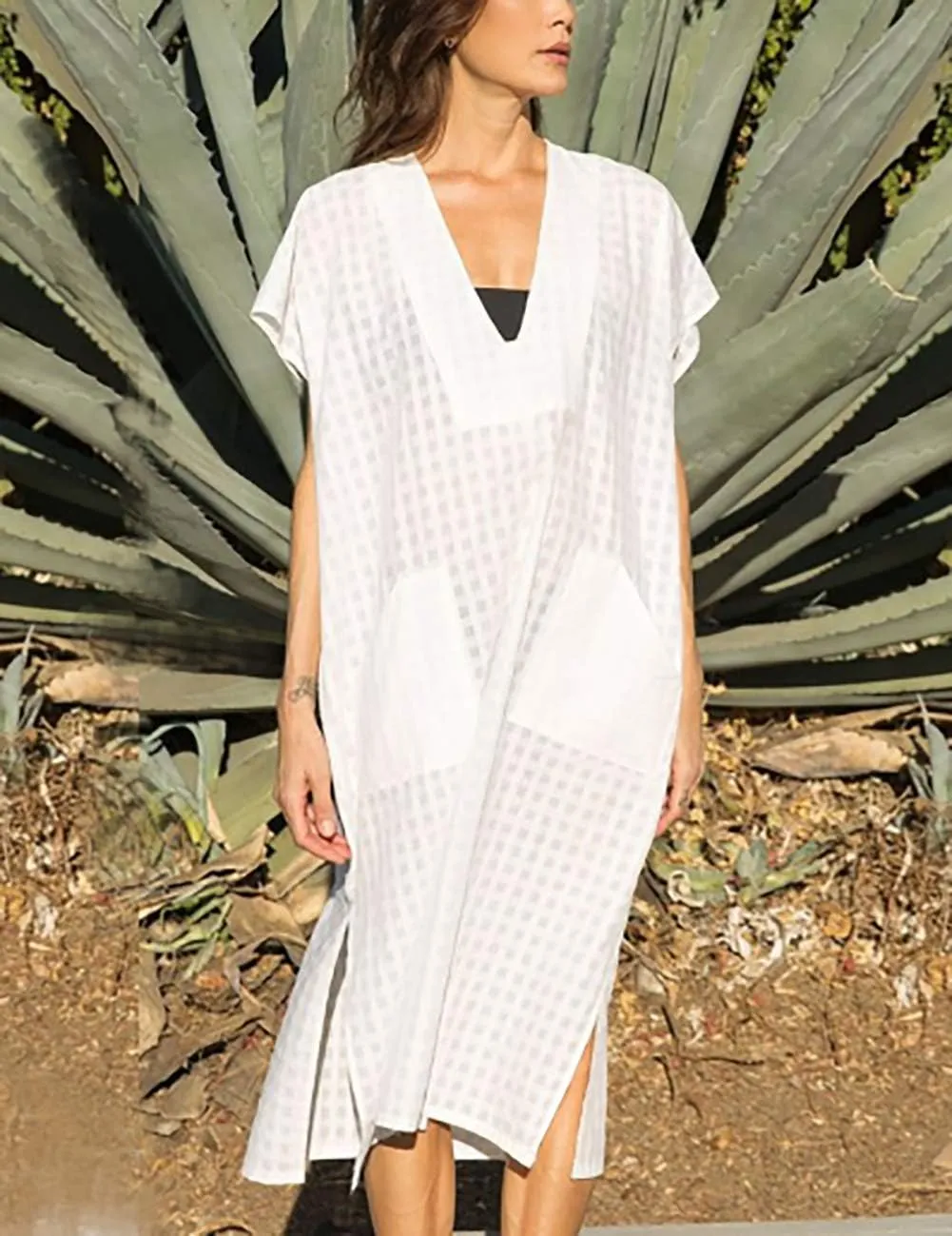 Bsubseach Women Plaid Swimsuit Cover Up V Neck Kaftan Dresses Caftan Maxi Dress