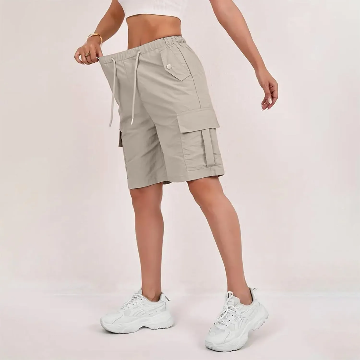 Cargo Shorts for Women Elastic Waist Knee Length Bermuda Shorts Summer Outdoor Waterproof Hiking Pants with Pockets
