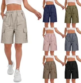 Cargo Shorts for Women Elastic Waist Knee Length Bermuda Shorts Summer Outdoor Waterproof Hiking Pants with Pockets