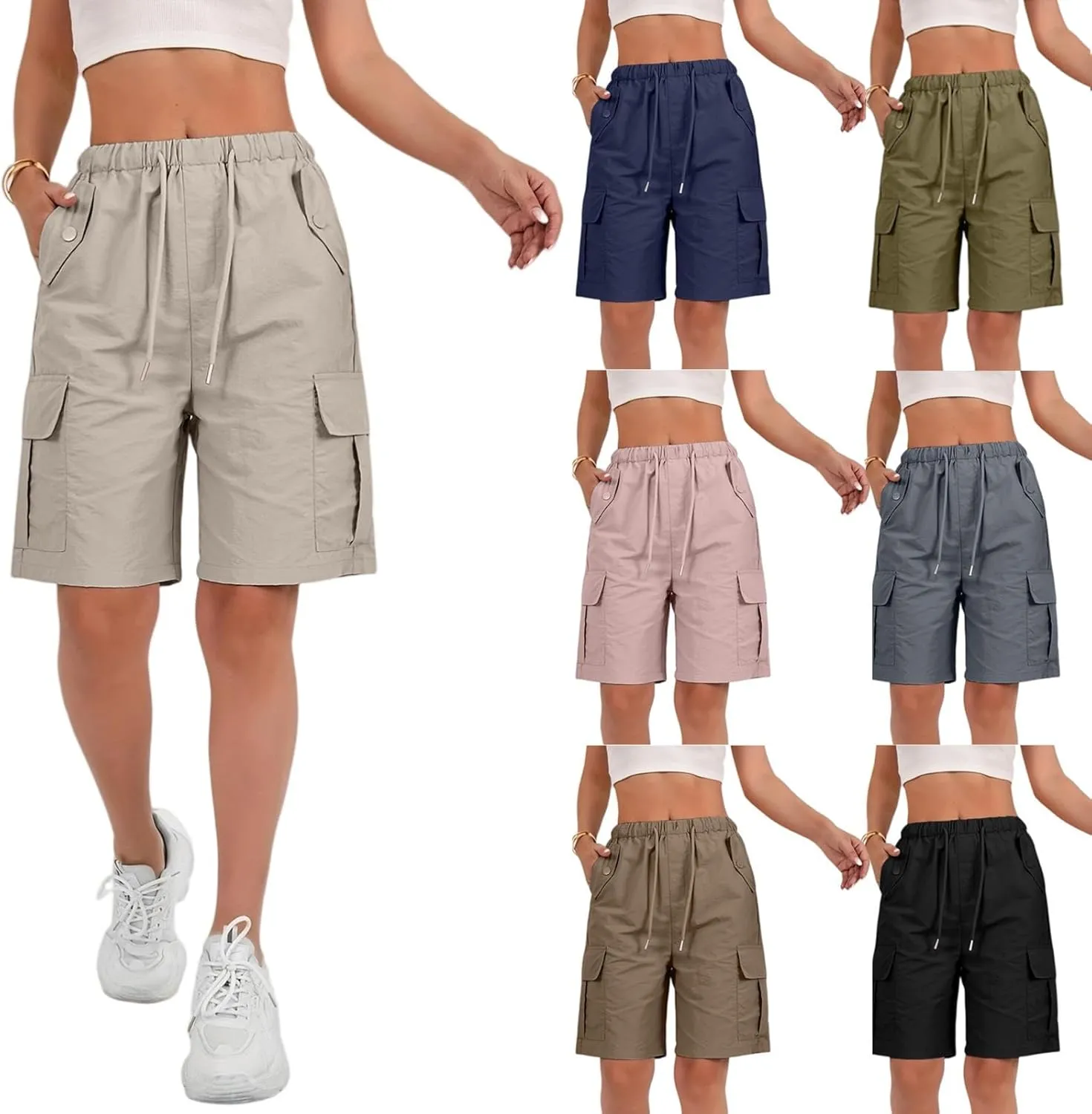 Cargo Shorts for Women Elastic Waist Knee Length Bermuda Shorts Summer Outdoor Waterproof Hiking Pants with Pockets