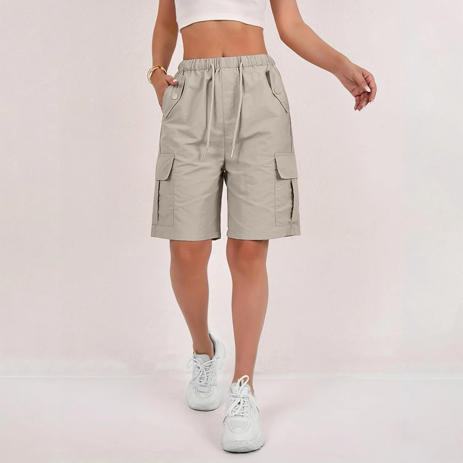 Cargo Shorts for Women Elastic Waist Knee Length Bermuda Shorts Summer Outdoor Waterproof Hiking Pants with Pockets