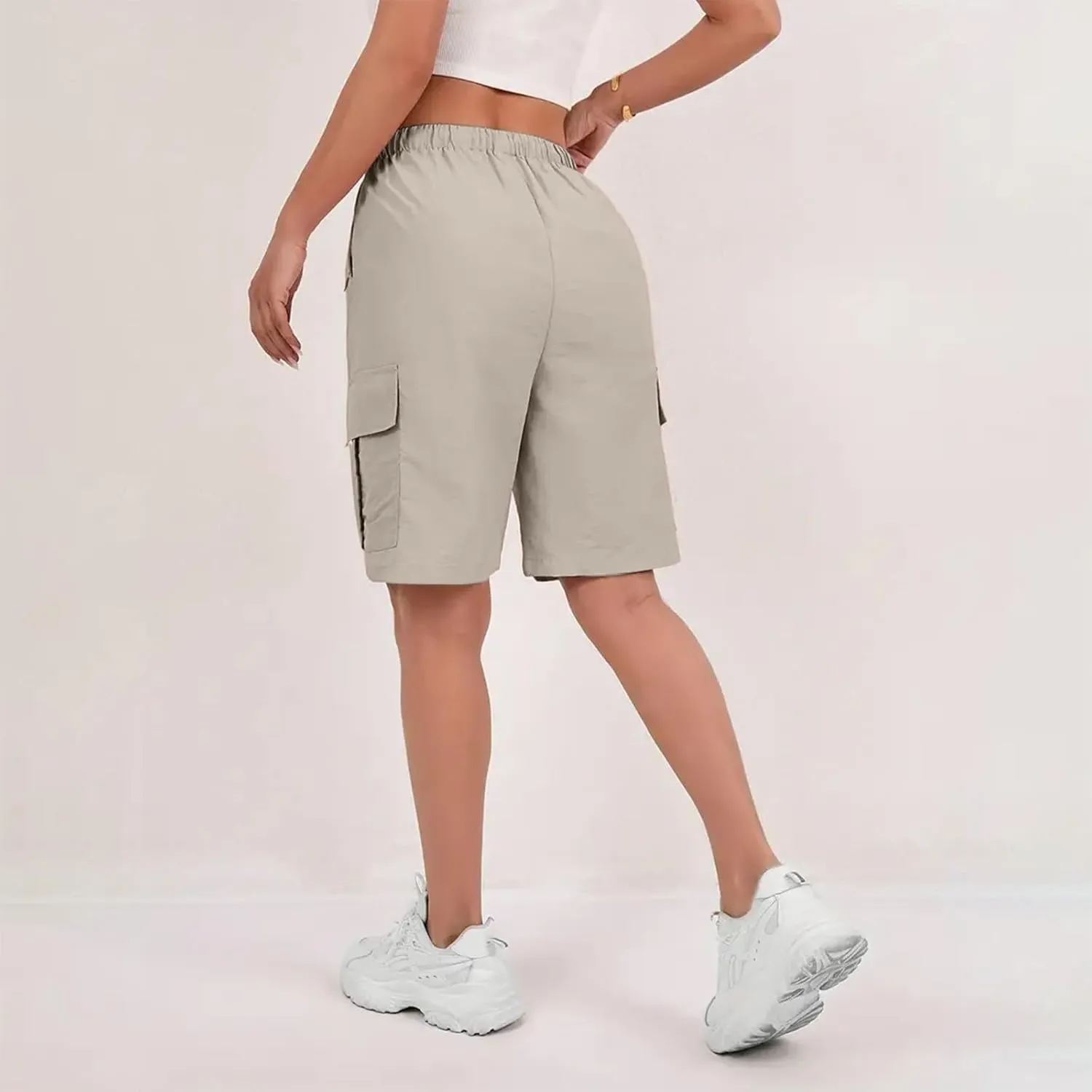 Cargo Shorts for Women Elastic Waist Knee Length Bermuda Shorts Summer Outdoor Waterproof Hiking Pants with Pockets