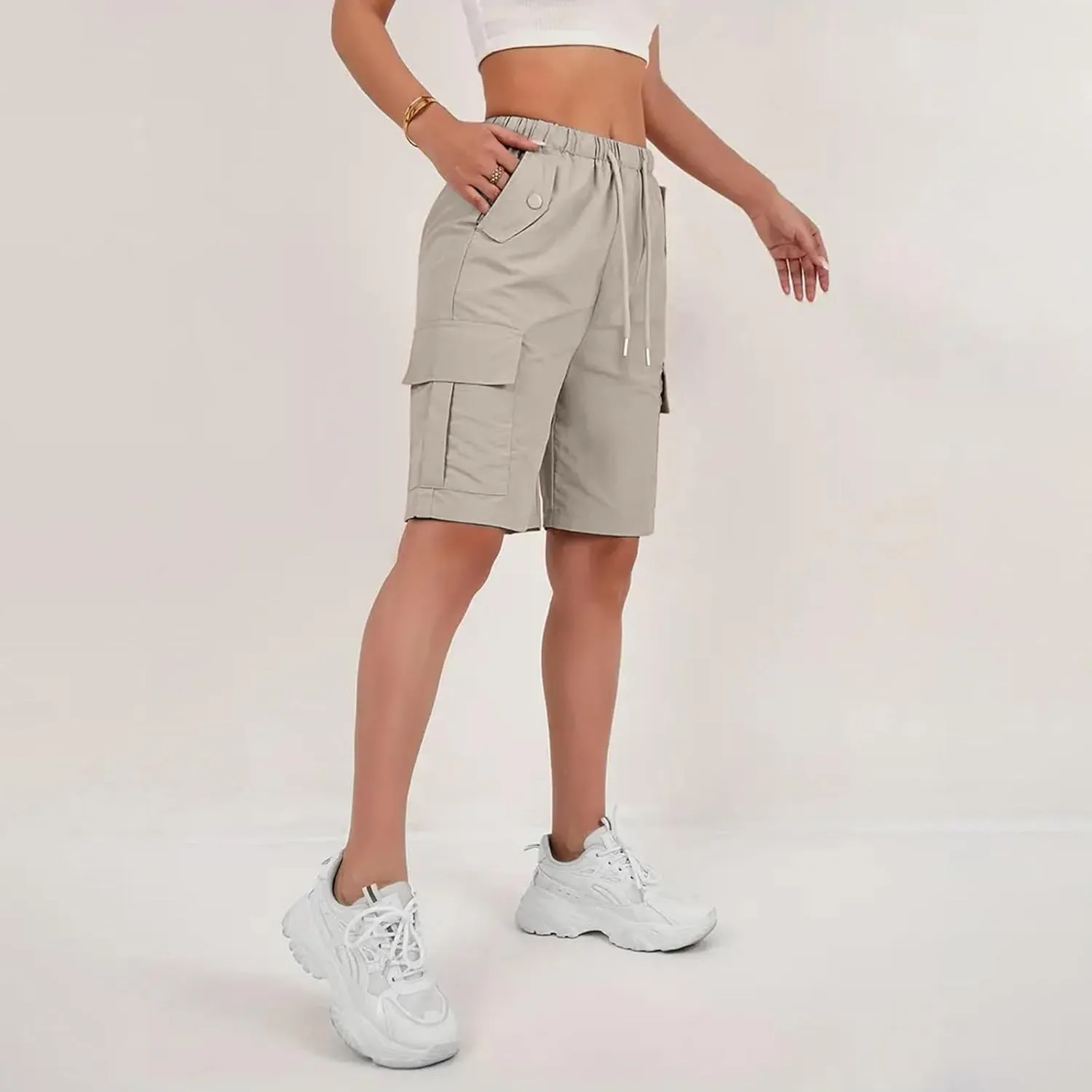 Cargo Shorts for Women Elastic Waist Knee Length Bermuda Shorts Summer Outdoor Waterproof Hiking Pants with Pockets