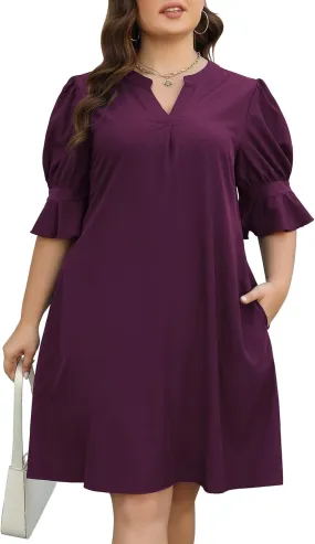 Celkuser Plus Size Summer Casual Shift Dress for Curvy Women V Neck Ruffled Sleeves Loose Shirt Dresses with Pockets 2025