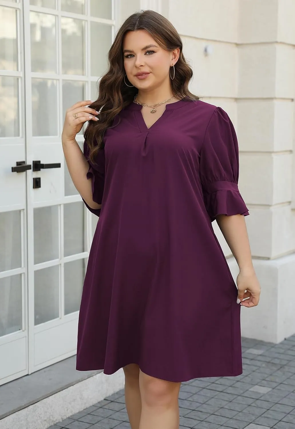 Celkuser Plus Size Summer Casual Shift Dress for Curvy Women V Neck Ruffled Sleeves Loose Shirt Dresses with Pockets 2025