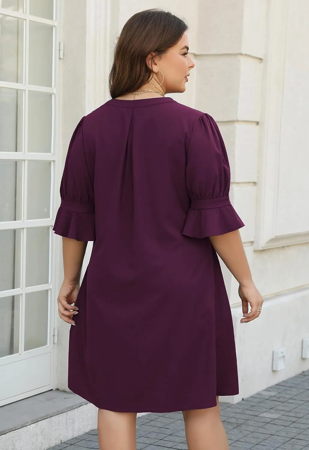 Celkuser Plus Size Summer Casual Shift Dress for Curvy Women V Neck Ruffled Sleeves Loose Shirt Dresses with Pockets 2025