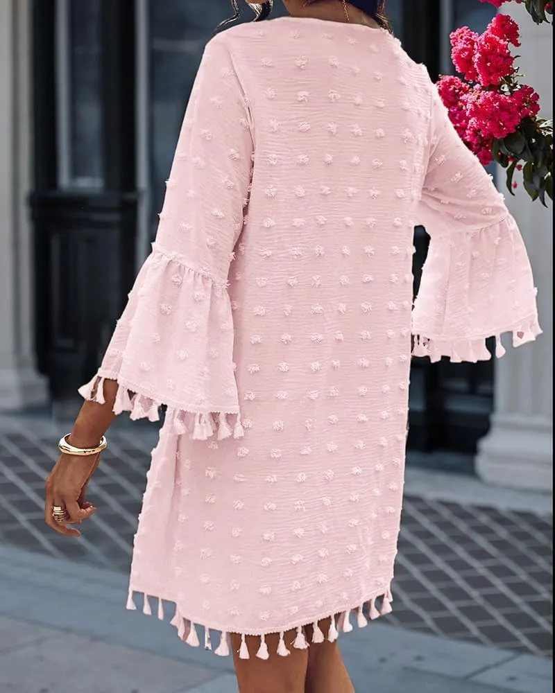 CHICME Women's 2025 Summer Dress Swiss Dot V Neck Bell Sleeve Shift Dress Casual Flowy Mini Dresses