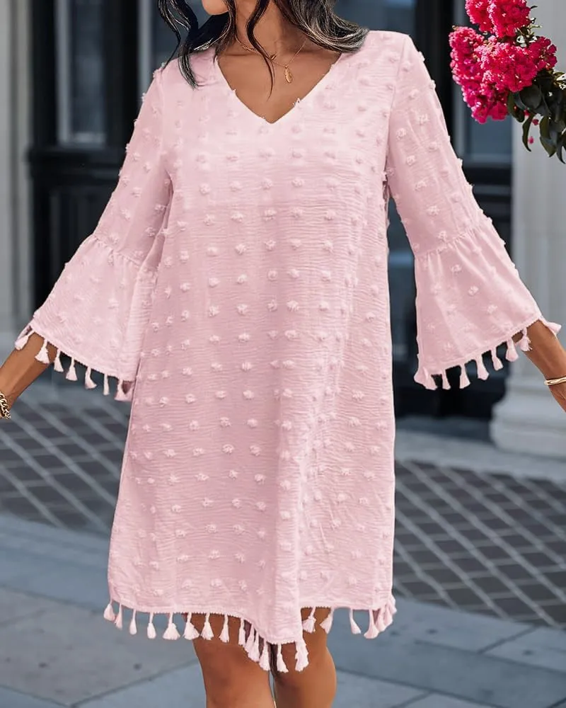 CHICME Women's 2025 Summer Dress Swiss Dot V Neck Bell Sleeve Shift Dress Casual Flowy Mini Dresses