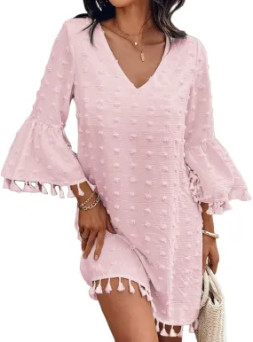 CHICME Women's 2025 Summer Dress Swiss Dot V Neck Bell Sleeve Shift Dress Casual Flowy Mini Dresses