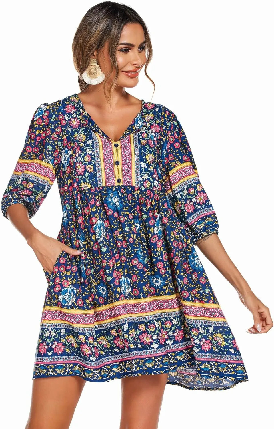 Chigant Women's Summer Boho Dress with Pockets Casual Loose Vintage Floral Swing 3/4 Sleeve V Neck Tunic Dresses
