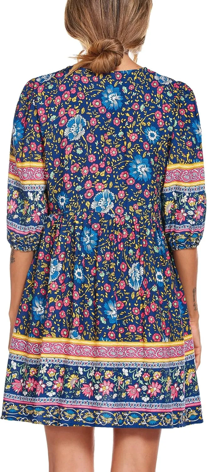 Chigant Women's Summer Boho Dress with Pockets Casual Loose Vintage Floral Swing 3/4 Sleeve V Neck Tunic Dresses