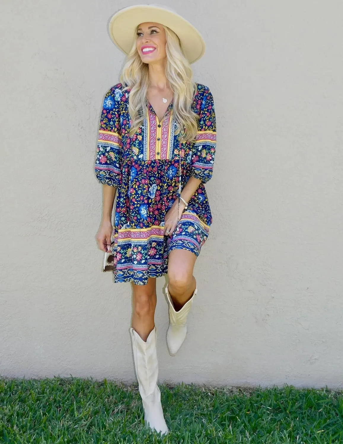 Chigant Women's Summer Boho Dress with Pockets Casual Loose Vintage Floral Swing 3/4 Sleeve V Neck Tunic Dresses