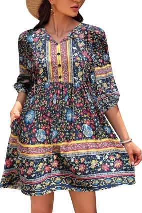 Chigant Women's Summer Boho Dress with Pockets Casual Loose Vintage Floral Swing 3/4 Sleeve V Neck Tunic Dresses