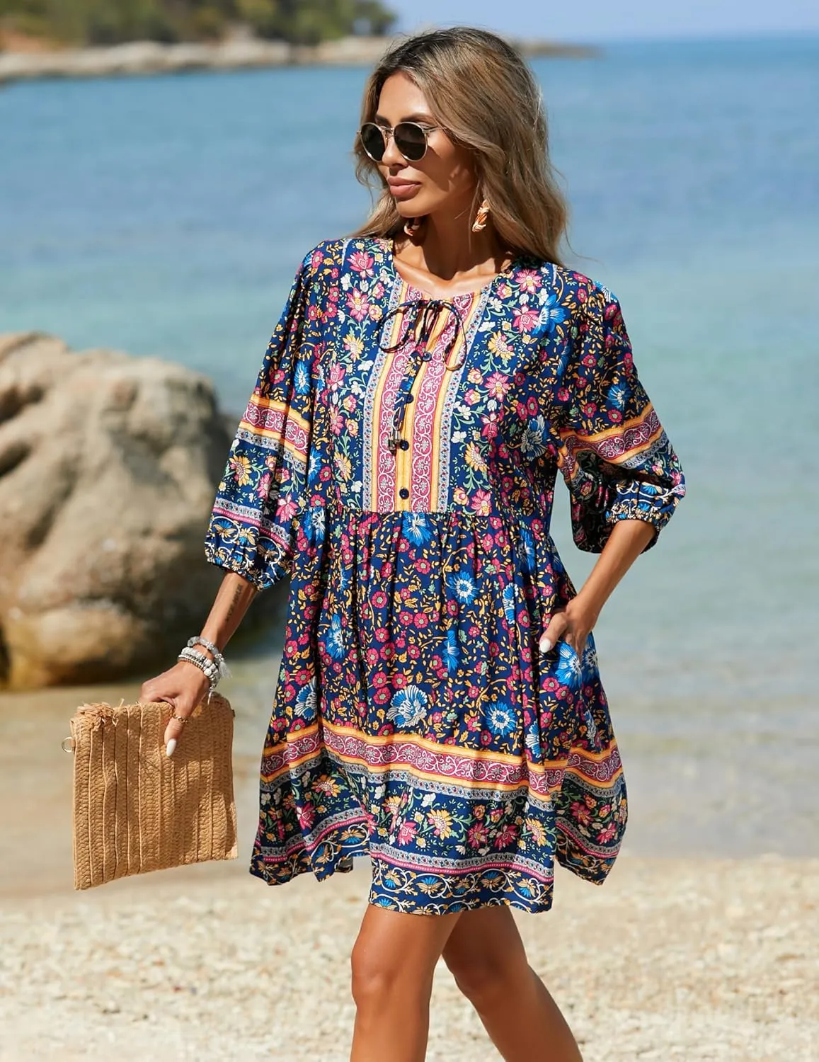 Chigant Women's Summer Boho Dress with Pockets Casual Loose Vintage Floral Swing 3/4 Sleeve V Neck Tunic Dresses