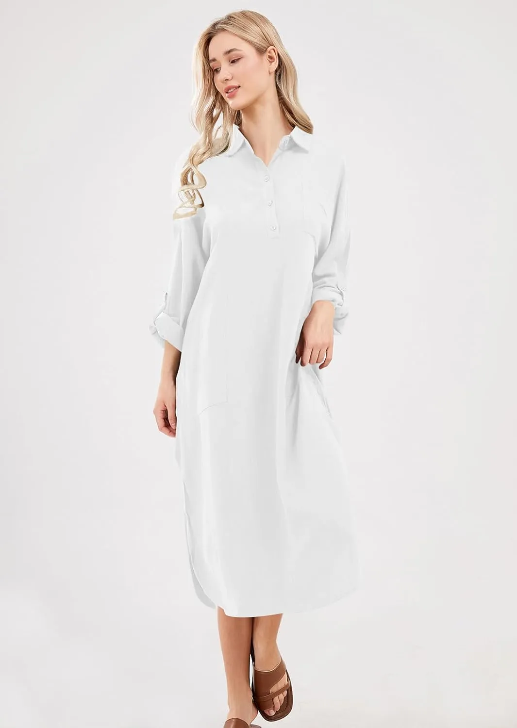 chouyatou Women's Spring Summer Cotton Linen Shirt Dress Button Down Casual Loose Maxi Shift Dress