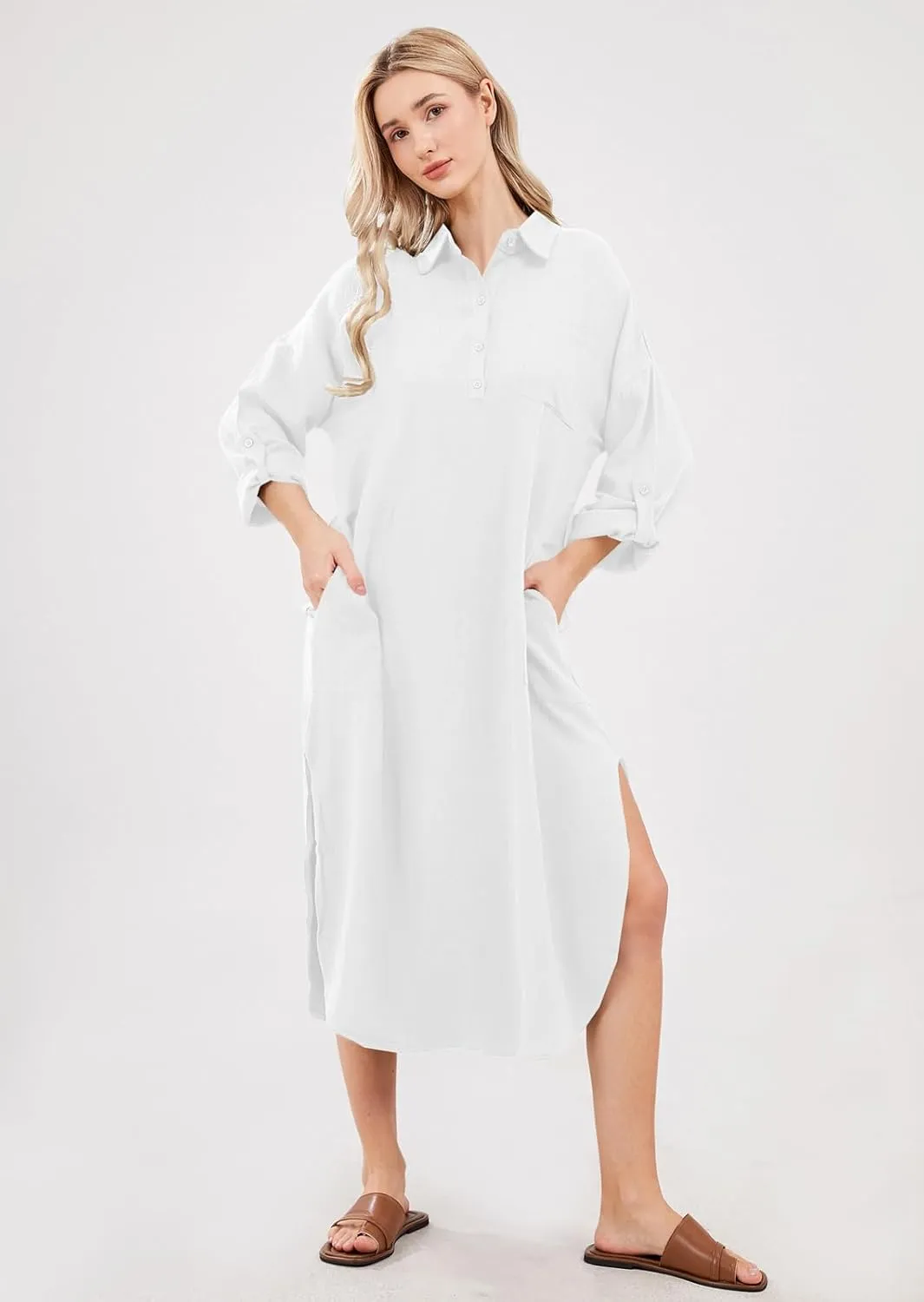 chouyatou Women's Spring Summer Cotton Linen Shirt Dress Button Down Casual Loose Maxi Shift Dress