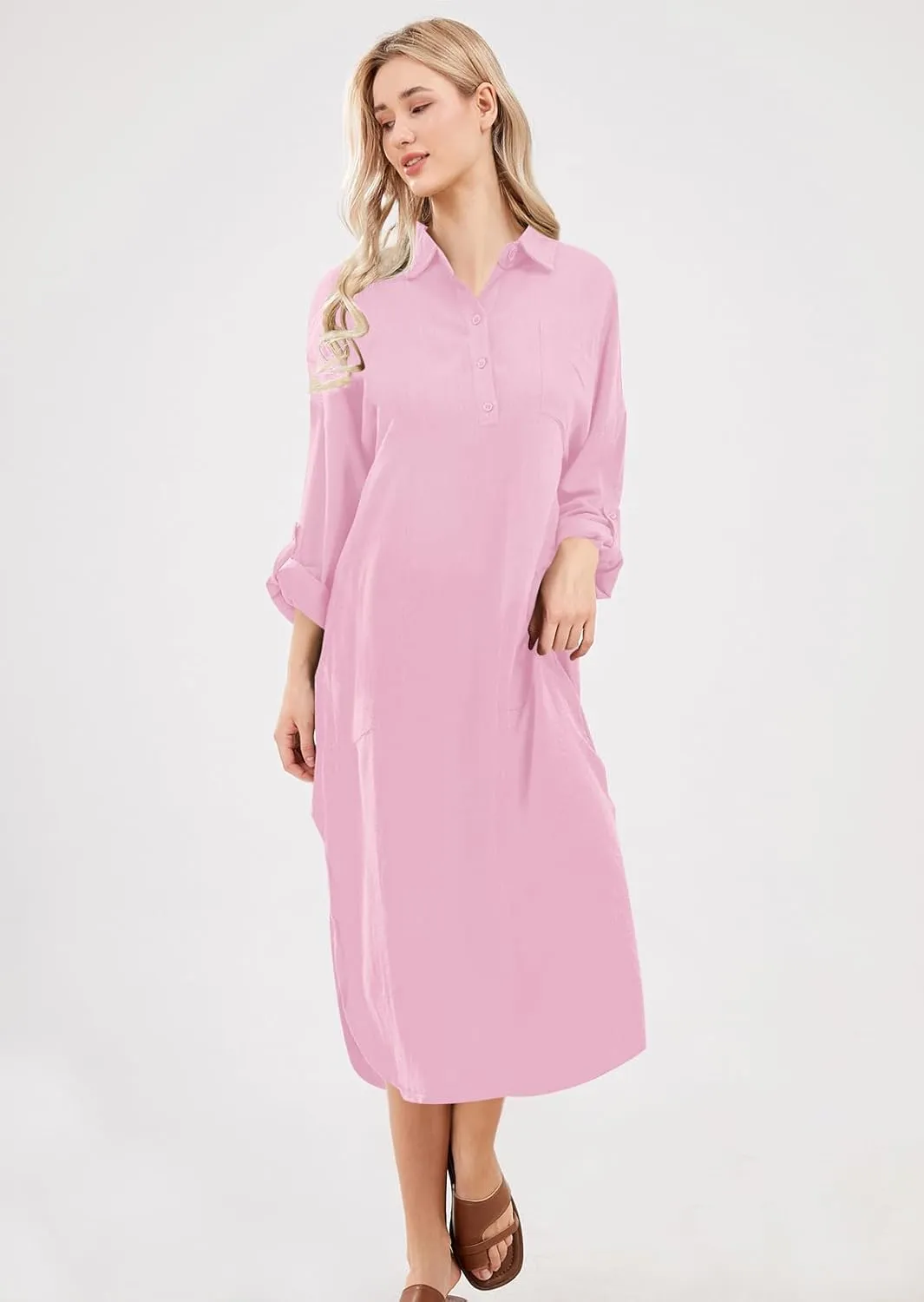 chouyatou Women's Spring Summer Cotton Linen Shirt Dress Button Down Casual Loose Maxi Shift Dress