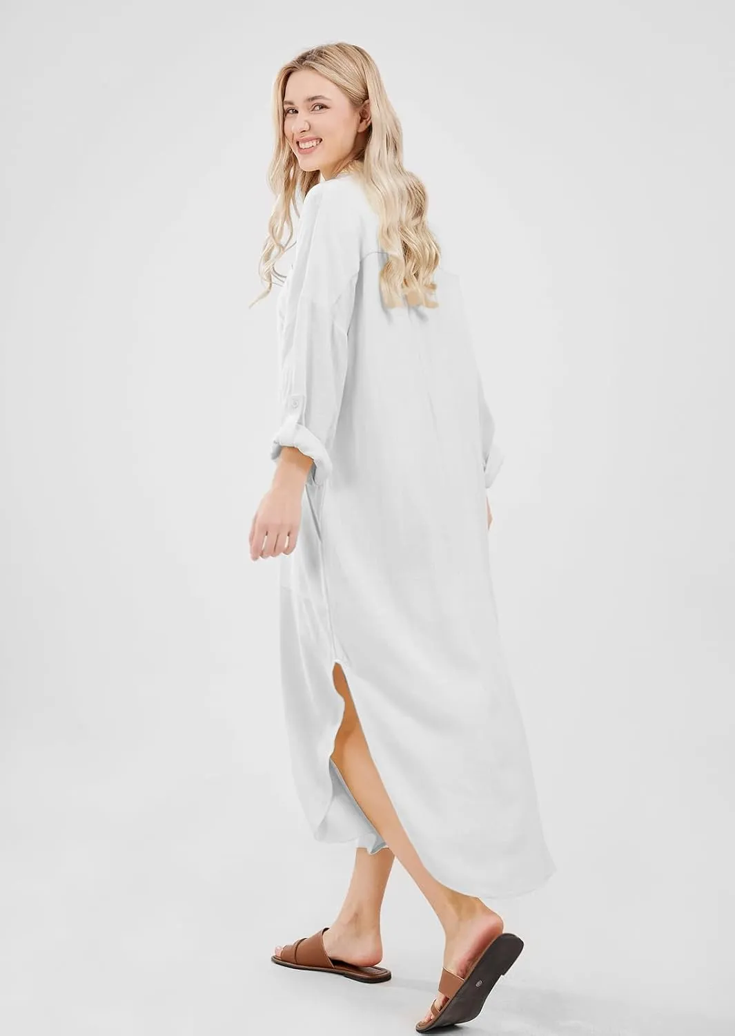 chouyatou Women's Spring Summer Cotton Linen Shirt Dress Button Down Casual Loose Maxi Shift Dress