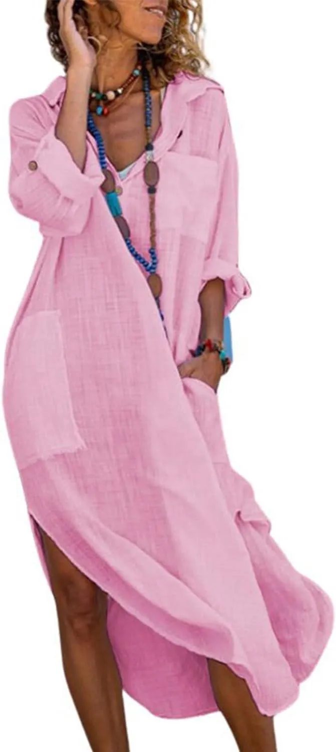 chouyatou Women's Spring Summer Cotton Linen Shirt Dress Button Down Casual Loose Maxi Shift Dress