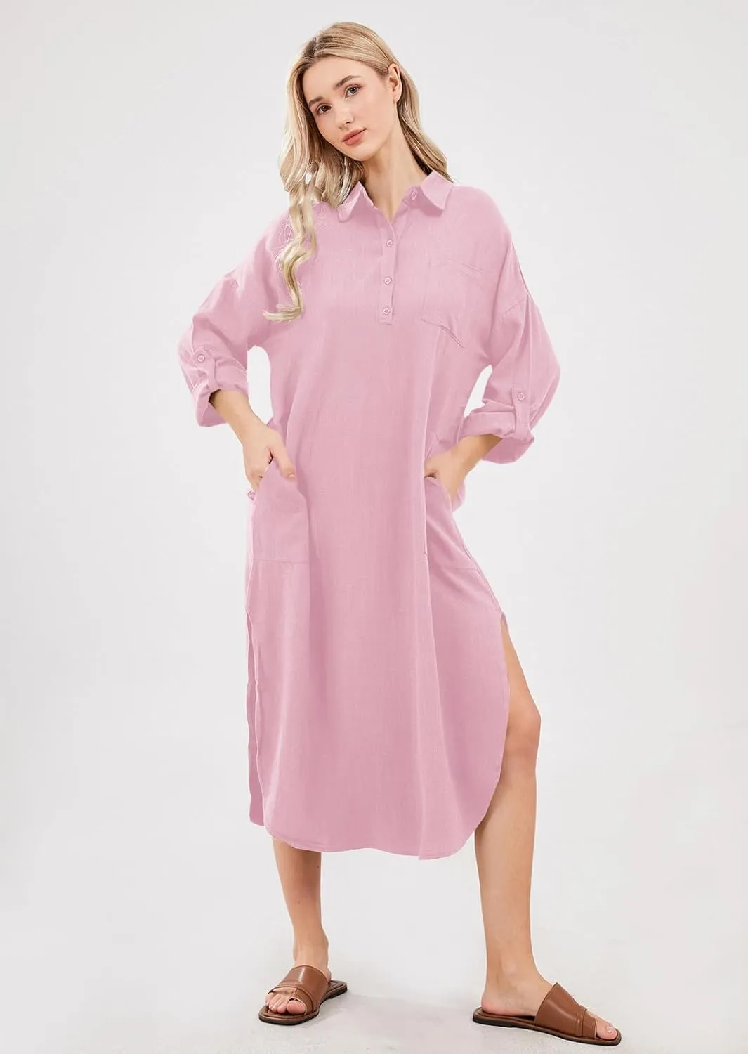 chouyatou Women's Spring Summer Cotton Linen Shirt Dress Button Down Casual Loose Maxi Shift Dress