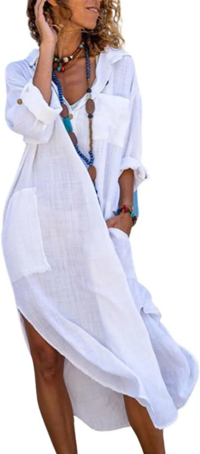 chouyatou Women's Spring Summer Cotton Linen Shirt Dress Button Down Casual Loose Maxi Shift Dress