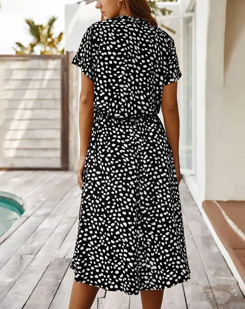 chouyatou Women's Summer Boho Polka Dot Print Ruffle High Waist Swing Midi Dress