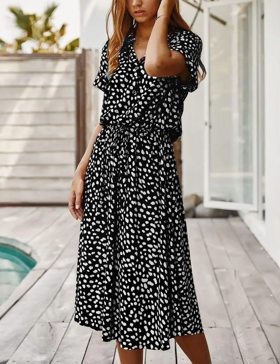 chouyatou Women's Summer Boho Polka Dot Print Ruffle High Waist Swing Midi Dress
