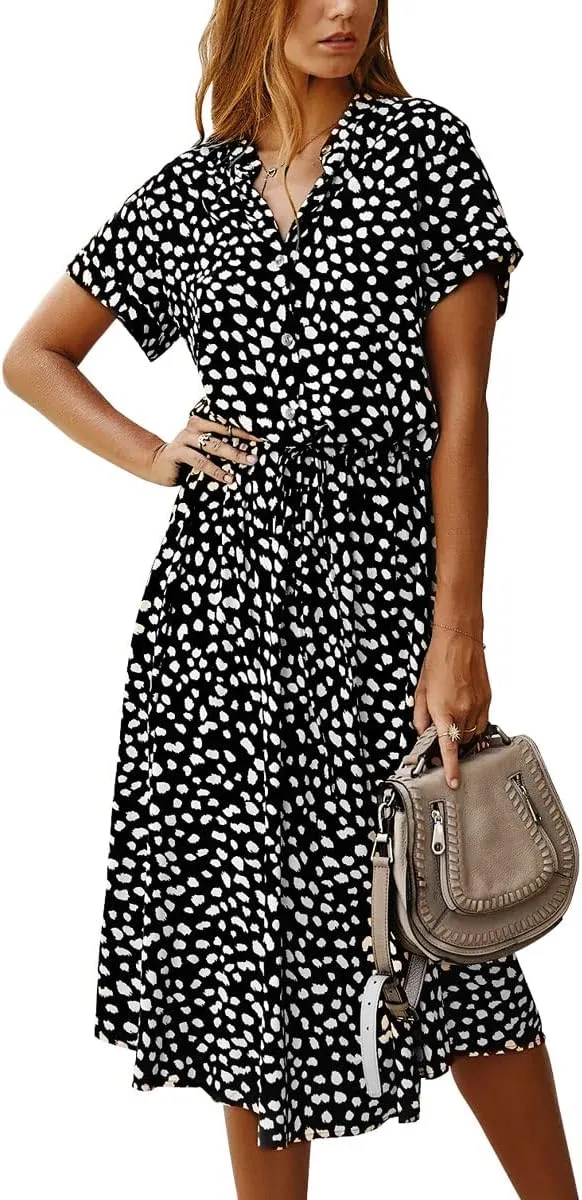 chouyatou Women's Summer Boho Polka Dot Print Ruffle High Waist Swing Midi Dress