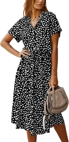 chouyatou Women's Summer Boho Polka Dot Print Ruffle High Waist Swing Midi Dress