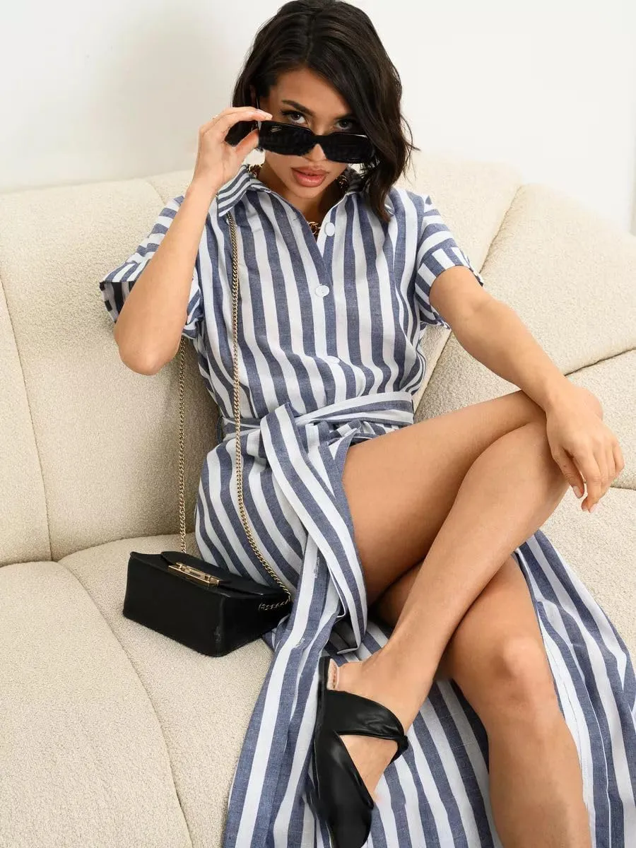 chouyatou Women's Summer Short Sleeve Striped Shirt Dress Beach Maxi Long Belted Casual Button Down Dress