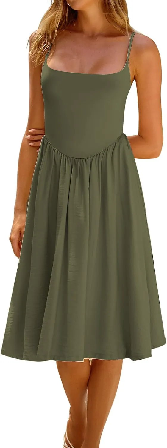 CHYRII Women Fashion Summer 2025 Spaghetti Straps Sleeveless Casual A-Line Midi Dresses Sundress