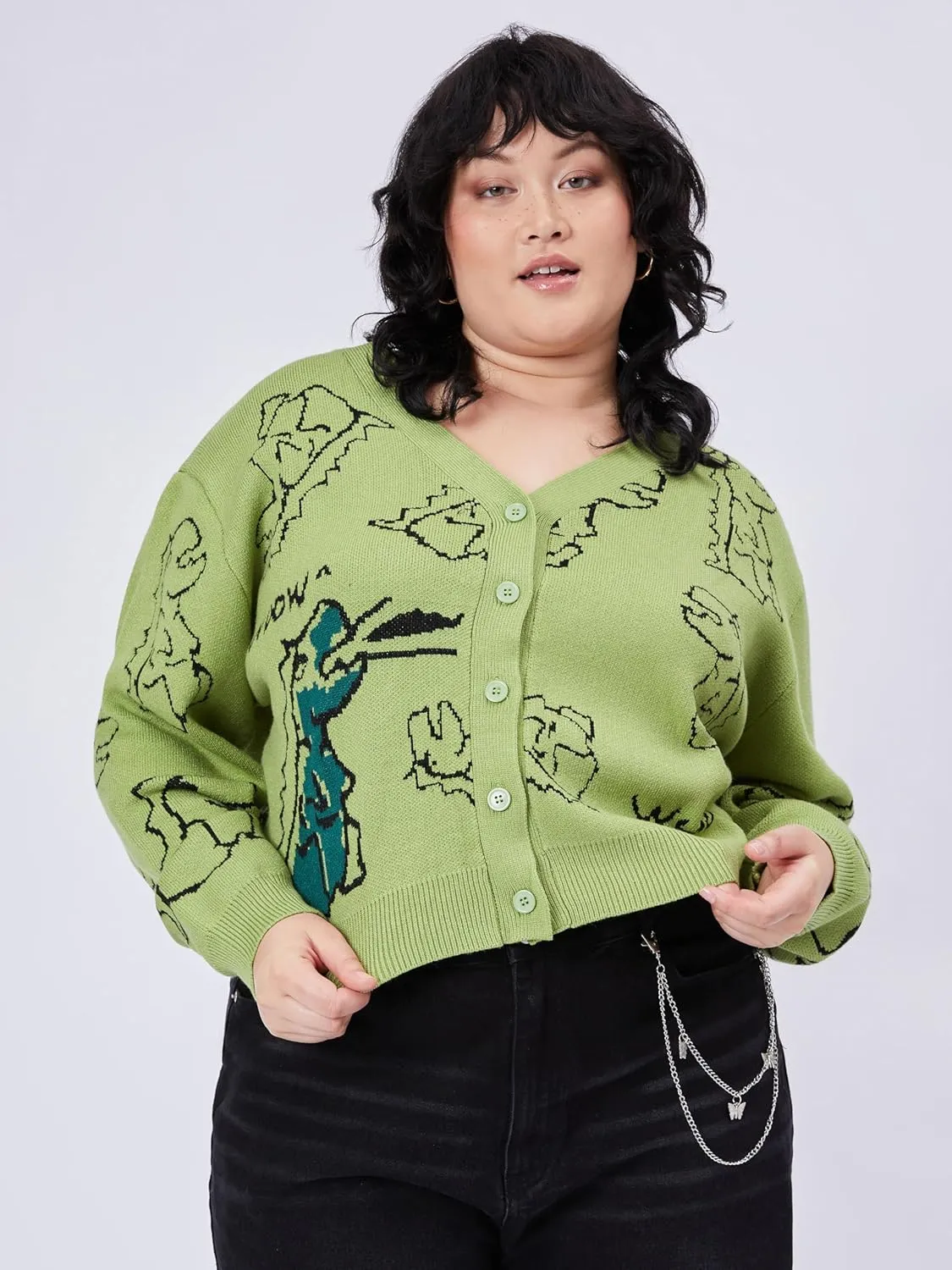 CIDER Women??s Dinosaur Cardigan Graphic Streetwear Cute Patterned Preppy Sweater