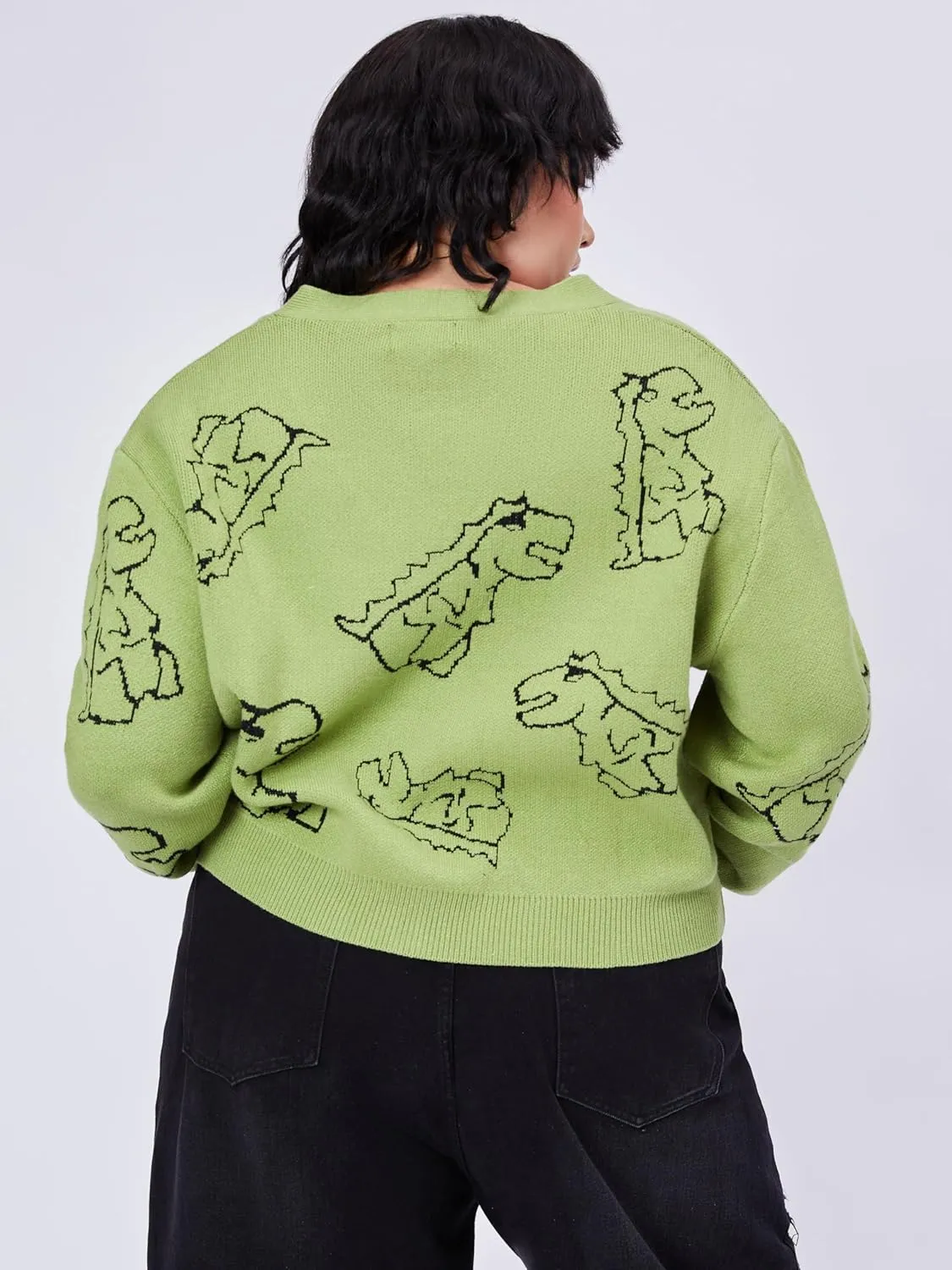 CIDER Women??s Dinosaur Cardigan Graphic Streetwear Cute Patterned Preppy Sweater
