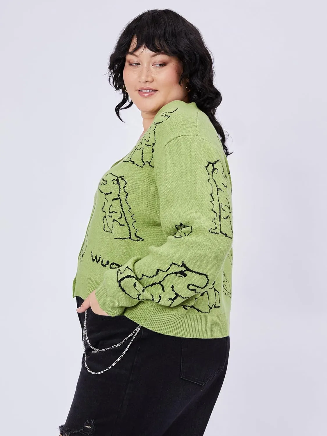 CIDER Women??s Dinosaur Cardigan Graphic Streetwear Cute Patterned Preppy Sweater