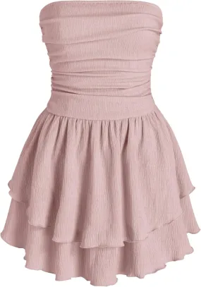 CIDER Women's Summer Cocktail Dress - Tube Ruched Ruffle Mini Dress