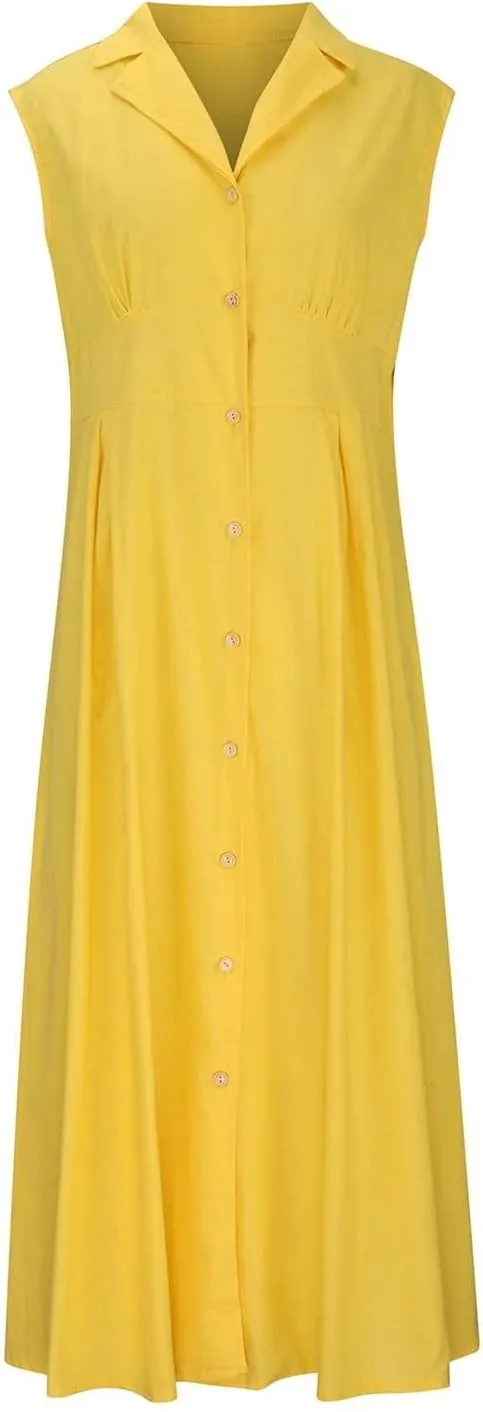 Cotton Linen Dresses for Women 2025 Lightweight Sleeveless Button Down Dresses Summer Drop Waist Work Dress