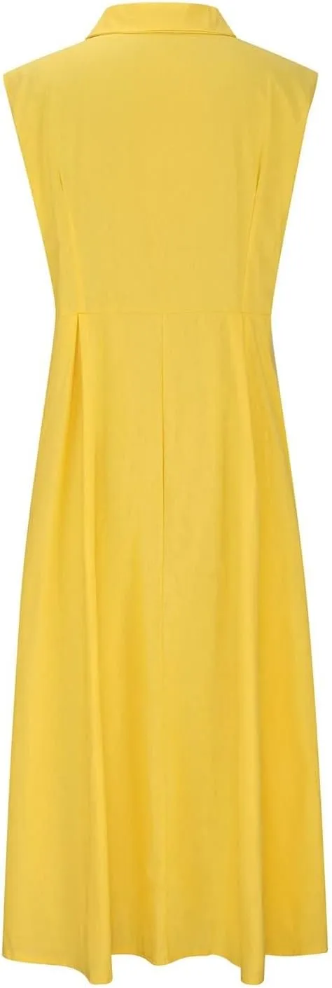 Cotton Linen Dresses for Women 2025 Lightweight Sleeveless Button Down Dresses Summer Drop Waist Work Dress