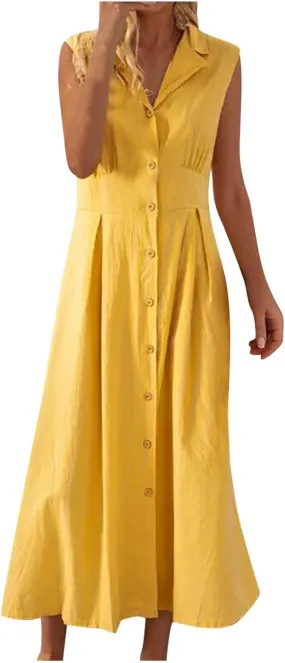 Cotton Linen Dresses for Women 2025 Lightweight Sleeveless Button Down Dresses Summer Drop Waist Work Dress