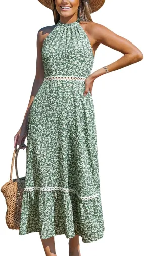 CUPSHE Women's Midi Dress Halter Paisley Sleeveless Cutout Waist Long Beach Boho Summer Dress
