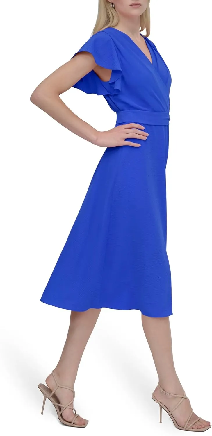 DKNY Women's Flutter Sleeve Tie Fit and Flare Midi Dress
