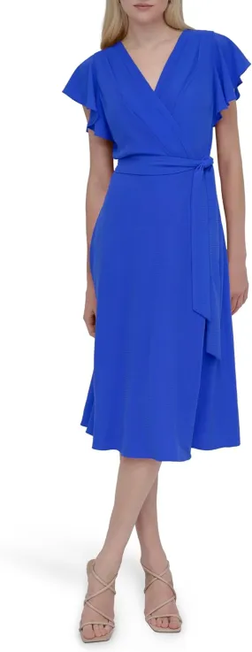 DKNY Women's Flutter Sleeve Tie Fit and Flare Midi Dress