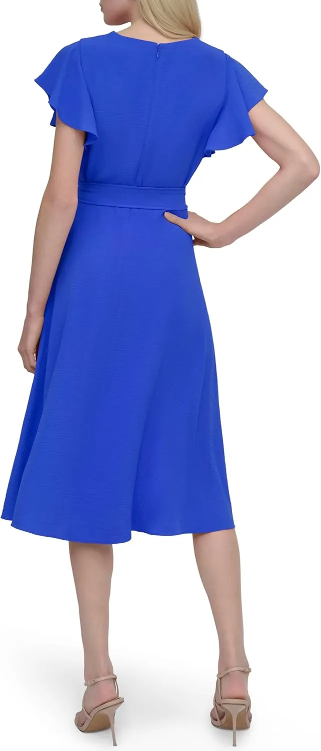 DKNY Women's Flutter Sleeve Tie Fit and Flare Midi Dress