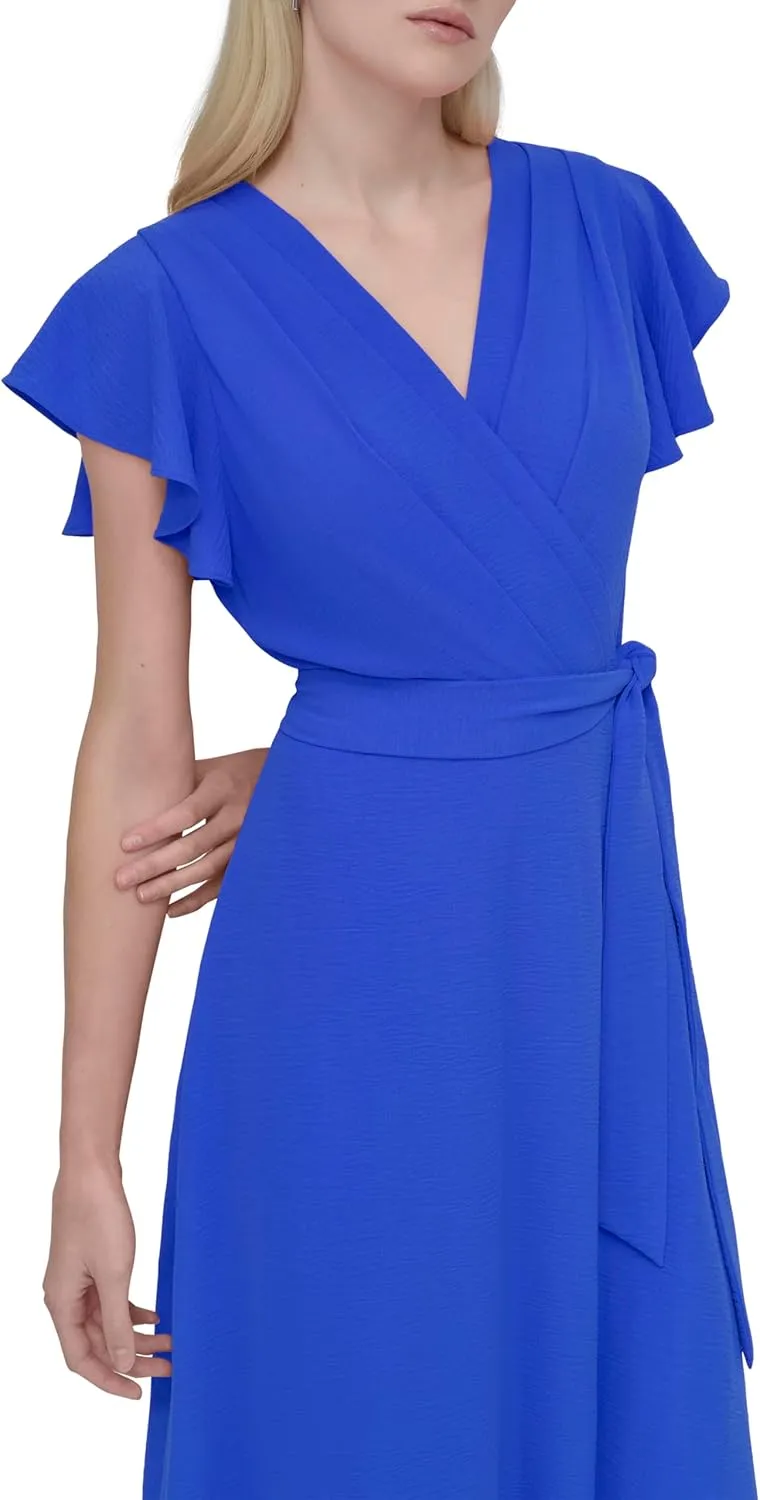 DKNY Women's Flutter Sleeve Tie Fit and Flare Midi Dress
