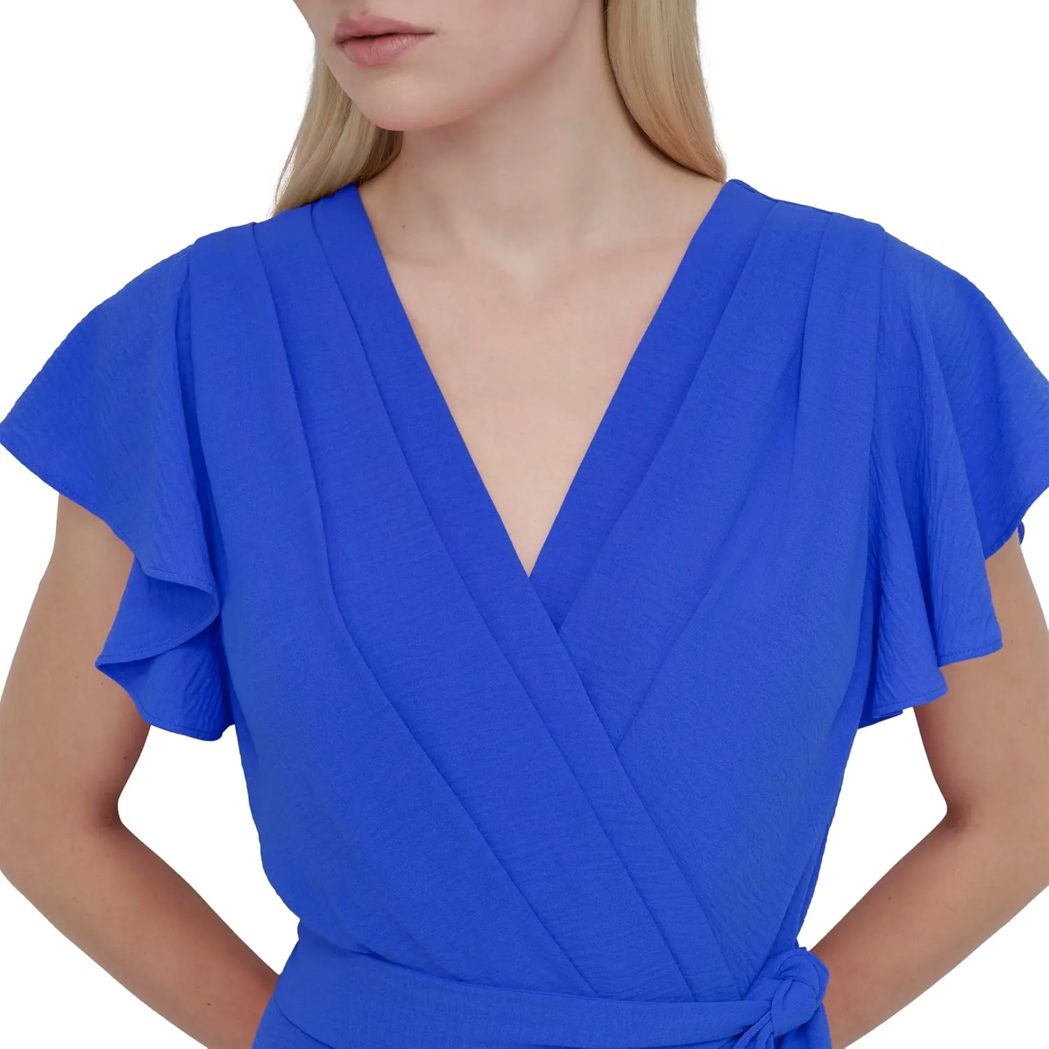 DKNY Women's Flutter Sleeve Tie Fit and Flare Midi Dress