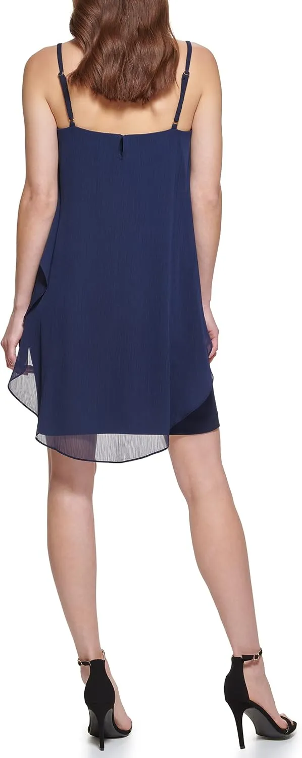 DKNY womens Sleeveless Square Neck Ruffle Mini Dress