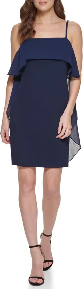 DKNY womens Sleeveless Square Neck Ruffle Mini Dress