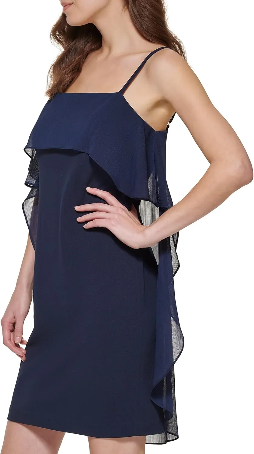 DKNY womens Sleeveless Square Neck Ruffle Mini Dress